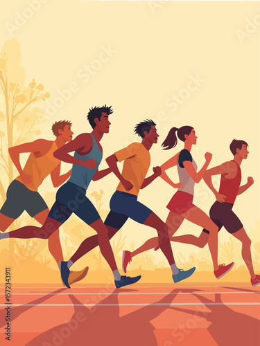 Run, athletics, running men and women, track and field athletes, group of abstract isolated vector silhouettes