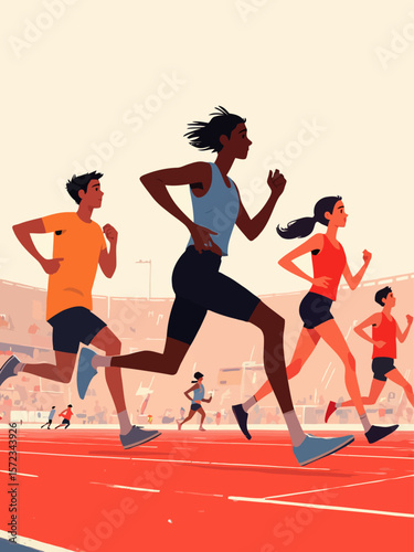 Run, athletics, running men and women, track and field athletes, group of abstract isolated vector silhouettes