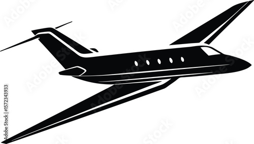 Vector art of a sleek black and white silhouette of a private jet airplane