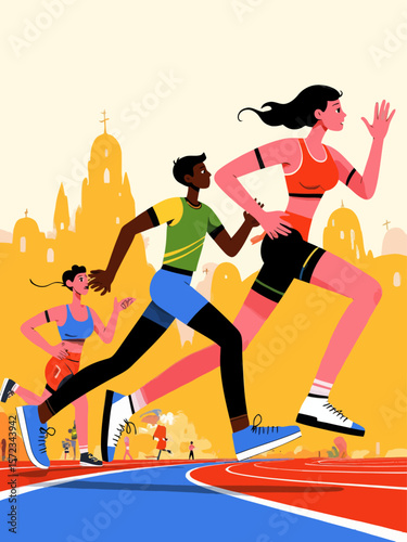 Run, athletics, running men and women, track and field athletes, group of abstract isolated vector silhouettes