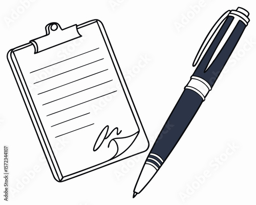 Clipboard with document and signature next to stylish pen icon illustration