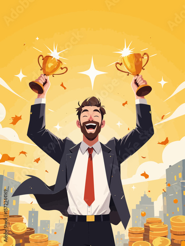 Triumphant Businessman Celebrating Success with Golden Trophy 