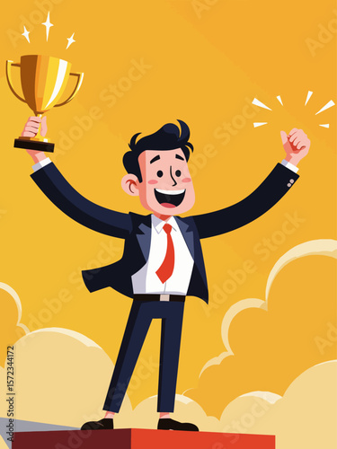 Triumphant Businessman Celebrating Success with Golden Trophy 