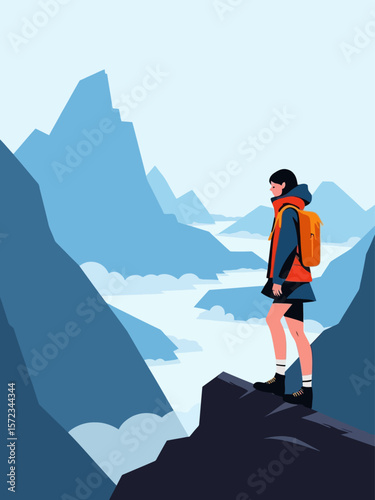 wide panoramic travel banner background with isolated traveler hiker girl with a back pack standing at the mountain peak