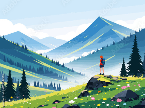 wide panoramic travel banner background with isolated traveler hiker girl with a back pack standing at the mountain peak
