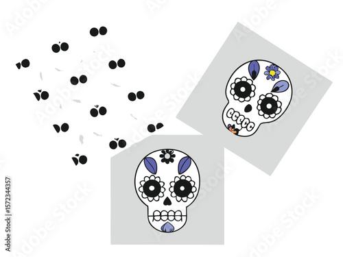 Colorful sugar skull day of the dead design with decorative elements on white background