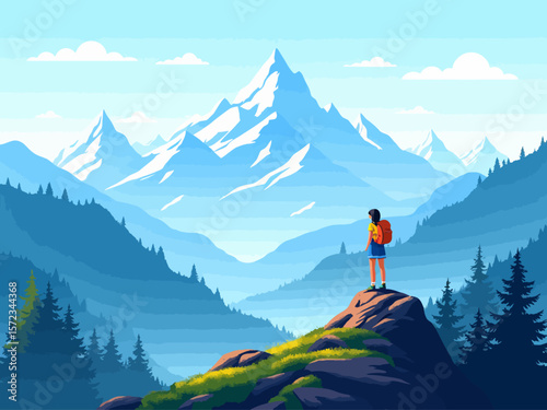wide panoramic travel banner background with isolated traveler hiker girl with a back pack standing at the mountain peak
