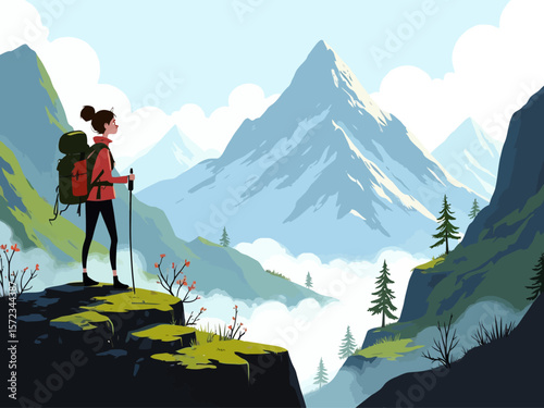 wide panoramic travel banner background with isolated traveler hiker girl with a back pack standing at the mountain peak