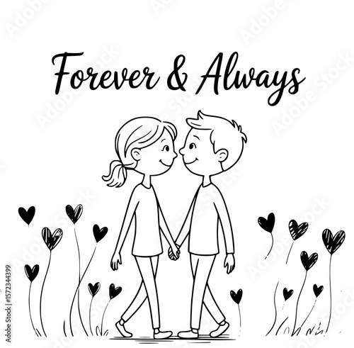 Eternal Bond: A touching illustration portrays a loving couple, hand-in-hand, symbolizing an enduring connection. The image evokes a sense of everlasting love and unity.