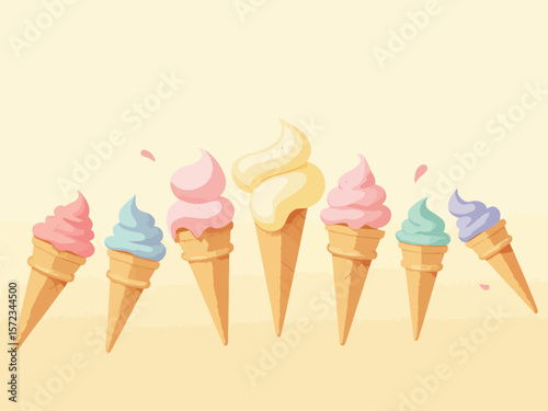 Wide panoramic Vintage style cover illustartion background with colorful flavoured ice cream cones 