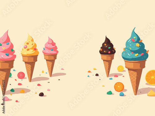 Wide panoramic Vintage style cover illustartion background with colorful flavoured ice cream cones 