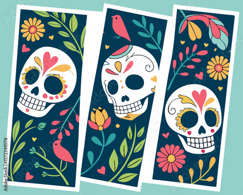Day of the dead skull art with floral and bird motifs decorated for celebration on white background