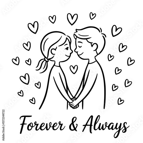 Endless Love: A tender illustration portraying a couple's love and connection, their hands gently clasped amidst a cascade of hearts, evoking emotions of a forever bond.