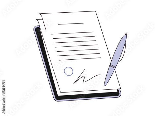 Digital agreement illustration signed documents and pen on a tablet perfect for contract concepts