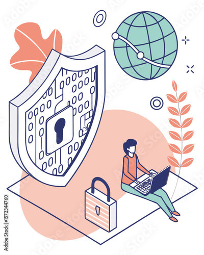 Cybersecurity Concept Illustration – Data Protection, Digital Shield, and Online Security Icons"