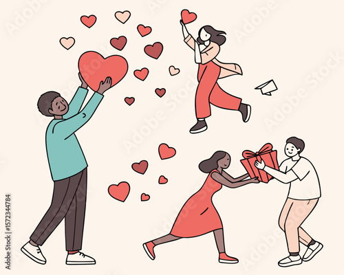 Diverse group celebrating love sharing gifts and hearts against a transparent background