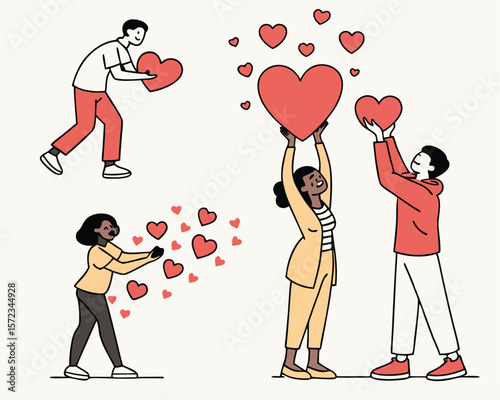 Diverse group of people sharing hearts expressing love and affection on a white background