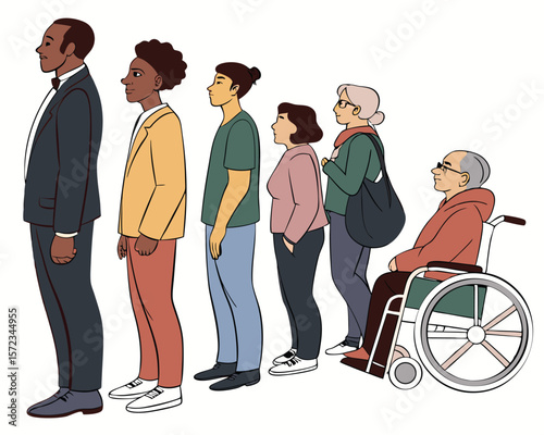 Diverse group of people standing in a line illustration on white background
