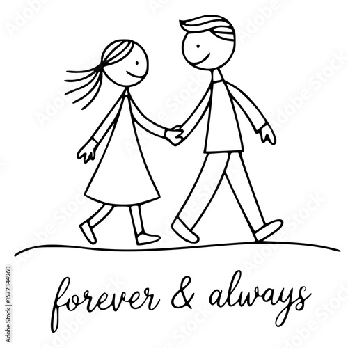 Eternal Bond: Simple sketch of a couple, hand-in-hand, embracing a forever and always sentiment, a heartfelt portrayal of love and commitment.
