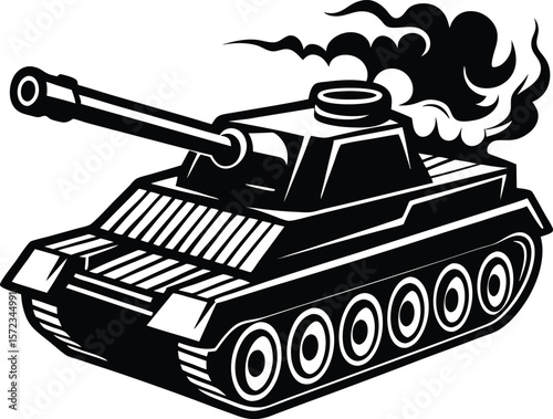 Vector art of a powerful tank stands ready for battle, billowing smoke from its engine in black and white