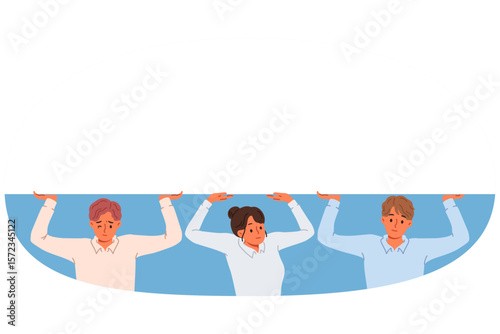 Business people lifting heavy load together with copy space above heads to achieve synergistic effect. Male and female office employees arranged collaboration and synergy to carry out work processes