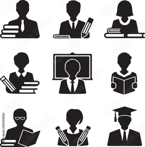 Diverse Educators Icons Representing Teachers, Professors, and Students