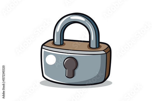 Cartoon padlock with a silver shackle and grey body isolated on white background