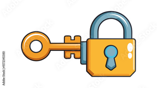 Cartoon yellow padlock with blue shackle and key isolated on white background