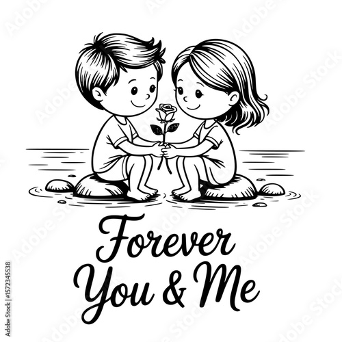Forever You & Me: A heartwarming illustration capturing a romantic moment of togetherness and eternal love. The sweet cartoon-style artwork showcases two young lovers exchanging a rose.