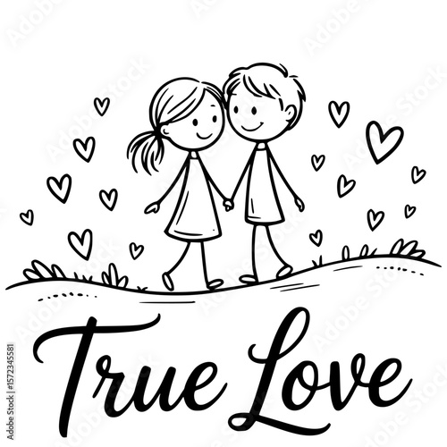 True Love's Embrace: Two stick figures, symbolizing the pure essence of togetherness, stroll hand in hand amidst a shower of heart-shaped symbols.