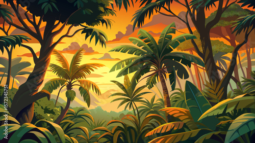 Tropical jungle vector, Southeast Asia rainforest, lush green foliage, August wet season, dense vegetation, exotic nature, wild habitat, biodiversity, misty canopy, humid wilderness, adventure scene