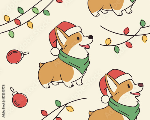 Festive christmas pattern of a corgi dog in santa hat with holiday decorations