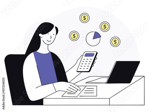 Financial analyst working on budgeting and investments with charts and monetary symbols