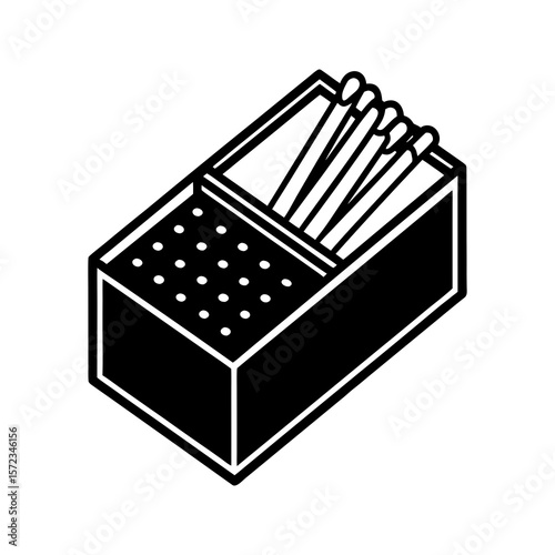Black and white illustration of a matchbox with matches isolated on white background