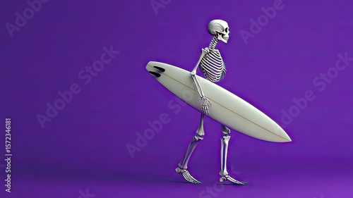 Skeleton with surfboard in summer