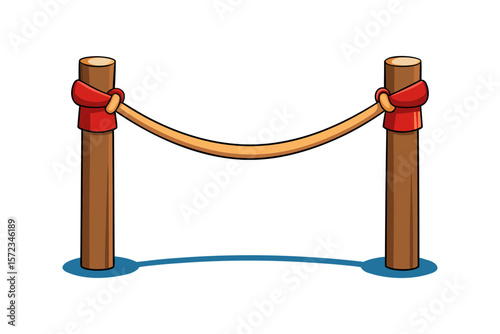 Cartoon rope barrier with red velour and wooden posts isolated on white background