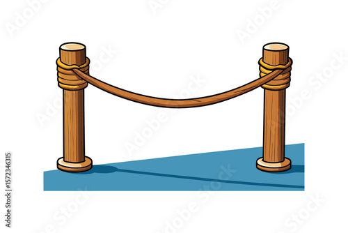 Wooden stanchions with rope barrier isolated on white background