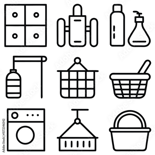 Laundry room essentials and cleaning supplies collection icons washing machine