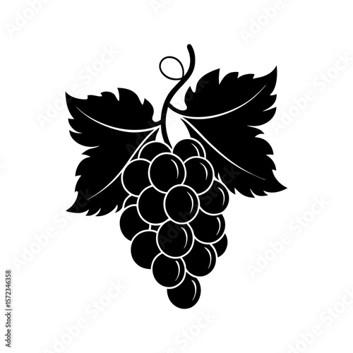 Black silhouette of a grape cluster with leaves isolated on white background