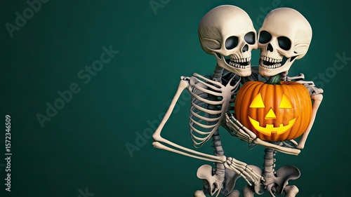 Whimsical summerween skeleton couple celebrating halloween in cozy home digital art