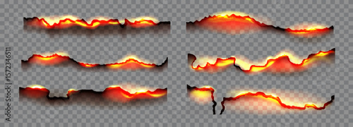 Set of realistic burning paper edges on transparent background. Live fire effect on torn fragments. Vector design elements for website design, social networks, advertising materials, packaging, games