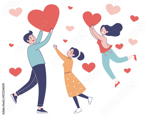 Group of happy people sharing and celebrating love symbolized by red hearts on white background