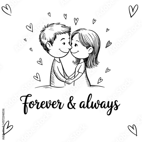 Everlasting Love:  An endearing artistic depiction of a couple expressing profound feelings, surrounded by an array of heart motifs, epitomizing forever and always.