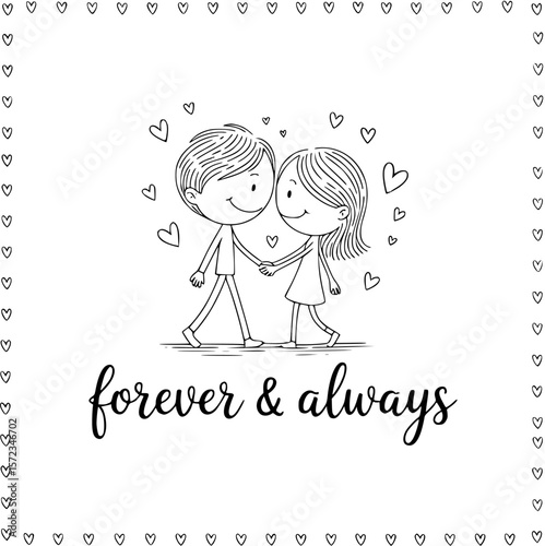 Enduring Love: A timeless illustration of a couple, hand in hand, embodying the essence of eternal togetherness, adorned with hearts.