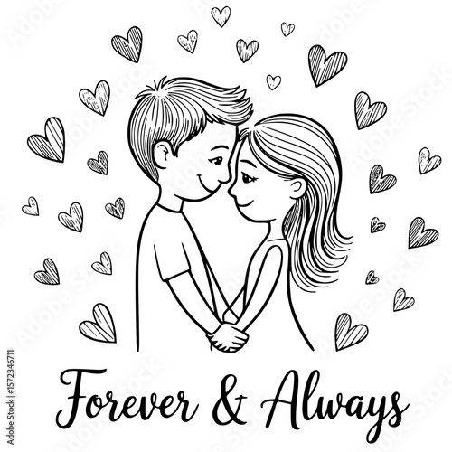 Forever & Always: A touching illustration of a couple deeply in love, their hands clasped amidst a shower of delicate hearts, symbolizing enduring affection and commitment.