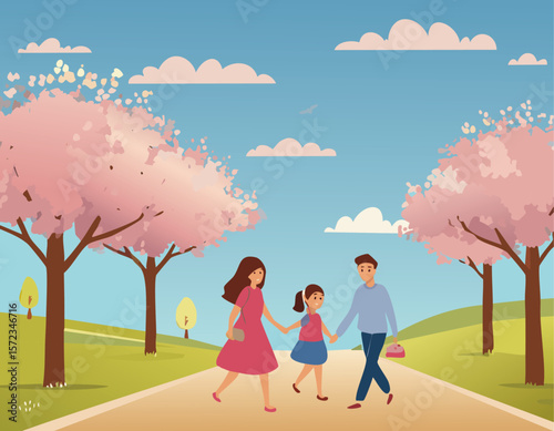 桜並木を家族で散歩