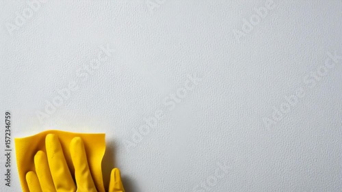 A person is cleaning a wall with a yellow cloth. The cloth is wet and the person is wearing a yellow glove