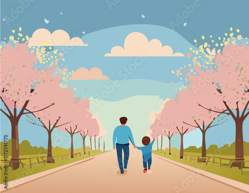 桜並木を父子で散歩