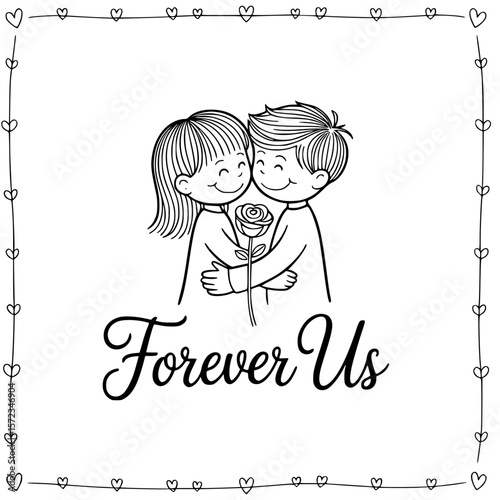 Forever Us: A heartwarming sketch of a couple embraces, conveying love and togetherness, set within a charming frame of hearts and the elegant script Forever Us.