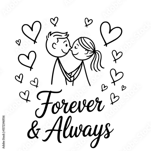Eternal Embrace: A delicate line illustration of two lovers sharing a tender kiss, encircled by charming hearts and a touching inscription of Forever & Always.